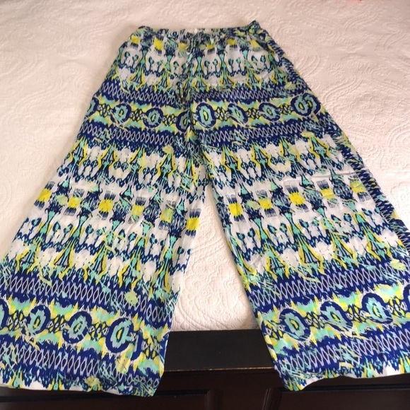 BEBE WOMEN BOHEMIAN Wide Leg Drawstring Waist Blue/ White/ Yellow pant Size M - Picture 6 of 12